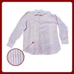 Toscano Aqua Linen Shirt XXL Mens Striped Long Sleeve Button Down Blue Orange